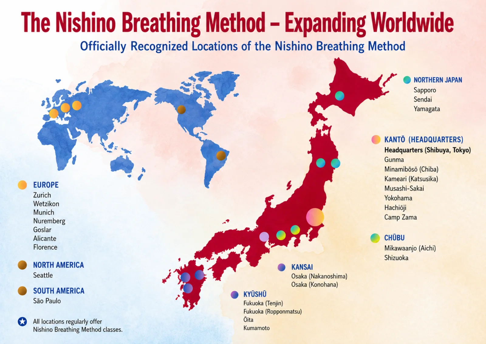 Map of Nishino Breathing Method certified classes around the world